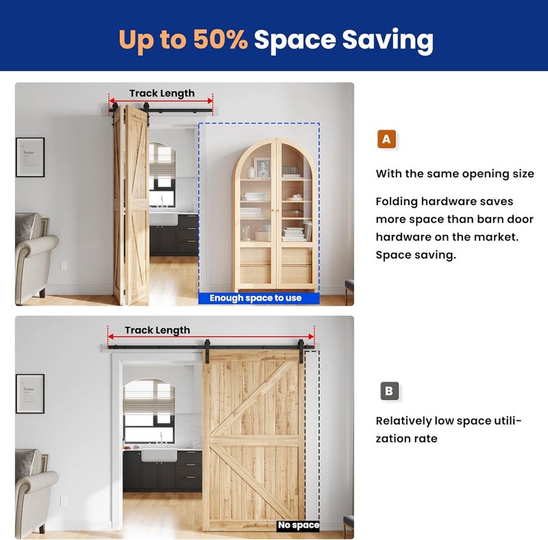 SMARTSTANDARD 5.3ft/64'' Bi-Folding Sliding Barn Door Hardware Kit, Bifold Barn Door Hardware Heavy Duty Sturdy Side Mounted for 4 Doors -Smoothly and Quietly-Easy to Install, Fit 60'' Door, No Doors - Image 5
